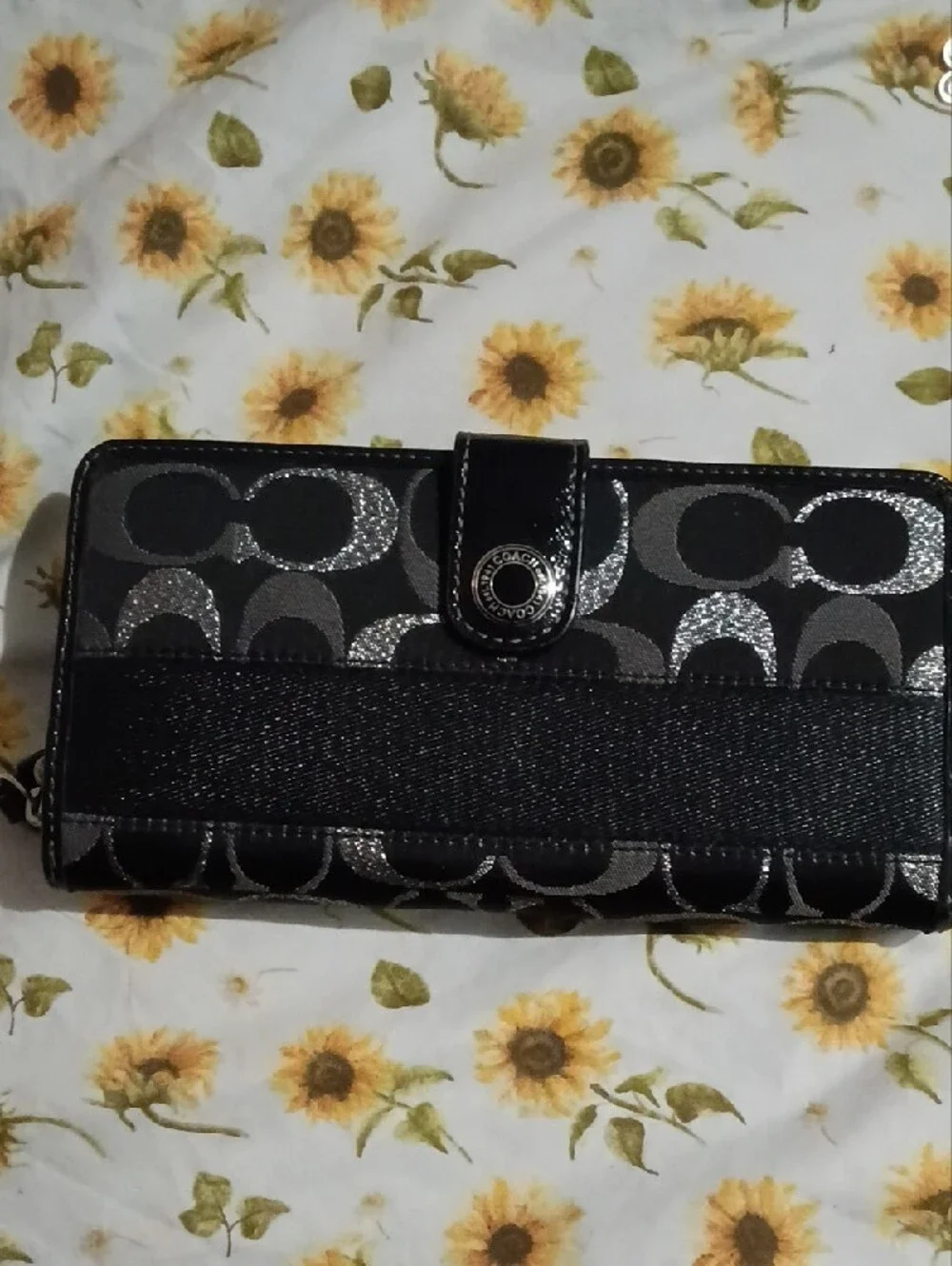 Coach Black and Silver Signature Continental Wallet